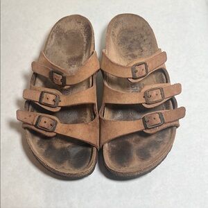 Birkenstock Tan Triple Strap Sandals with Florida Soft Footbed